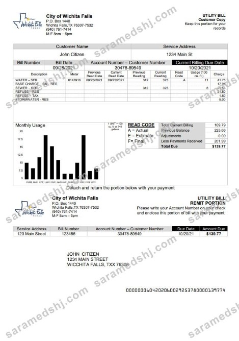 USA The City of Wichita Falls Utility bill template in Word and PDF format